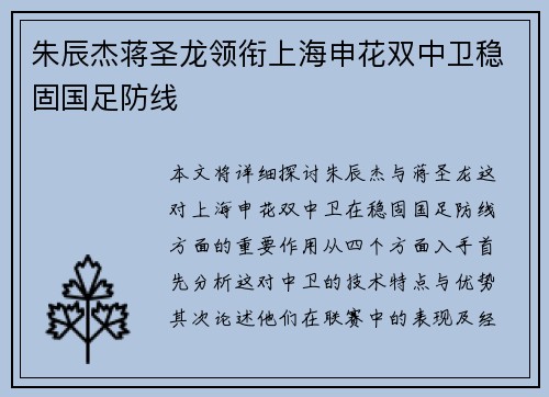 朱辰杰蒋圣龙领衔上海申花双中卫稳固国足防线