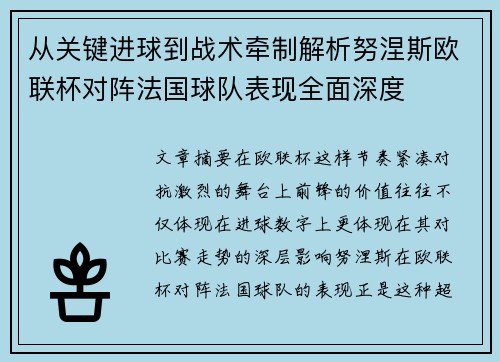 从关键进球到战术牵制解析努涅斯欧联杯对阵法国球队表现全面深度