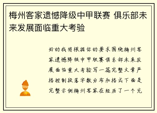 梅州客家遗憾降级中甲联赛 俱乐部未来发展面临重大考验